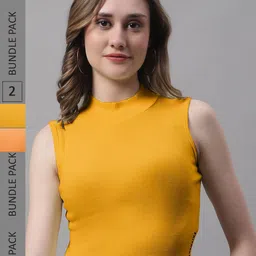 FBAR Pack Of 2 High Neck Ribbed Fitted Pure Cotton Crop Top-picture-40