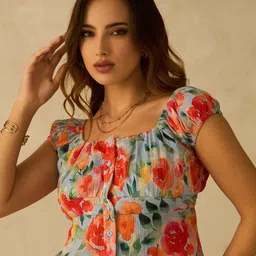 Virgio Women Cotton Square Neck Crop Length Floral Puff Sleeves Top-image-41