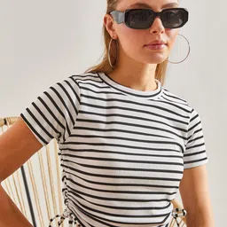 BIANCO LUCCI Striped Round Neck Short Sleeves Cotton Crop Top-picture-42