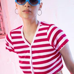 SASSAFRAS Red & White Striped Cotton V-Neck Crop Top-picture-16