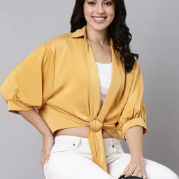 SHOWOFF Satin Shirt Collar Puff Sleeve Waist Tie-Ups Shirt Style Crop Top-image-31