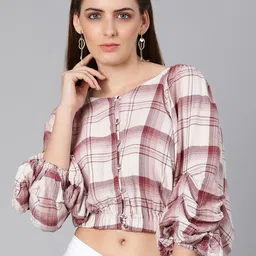 Oxolloxo Off-white & Burgundy Check Print Blouson Crop Top-picture-20