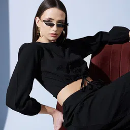 STREET 9 Black Puffed Sleeves Tie-Ups Jacquard Blouson Crop Top-image-31