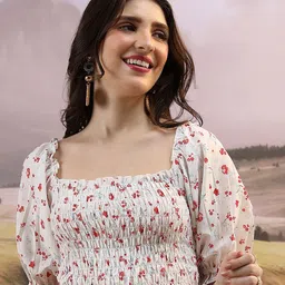 Tokyo Talkies Floral Printed Smocked Regular Top-image-1