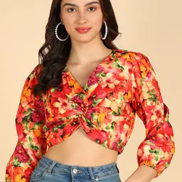 ZNX Clothing Floral Printed Puff Sleeve Front Knot Crop Top image 1
