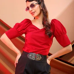 Freehand by The Indian Garage Co Red V-Neck Puff Sleeve Casual Top-image-82