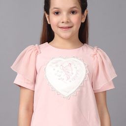 One Friday Cotton Applique Round Neck Flutter Sleeves Top-picture-25