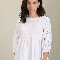 U.S. Polo Assn. Women Self Design Puff Sleeves Schiffli Cotton Peplum Top-picture-11