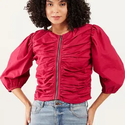 Athena Immutable Puff Sleeves Gathered Detailed Cotton Top-image-86