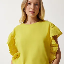 Happiness istanbul Flutter Sleeve Solid Cotton Top-image-63