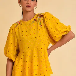 W Yellow Polka Dots Printed Puff Sleeves Embeoidered Pepium Top image 1