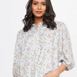 AND Blue Floral Printed Shirt Style Rayon Top-picture-40