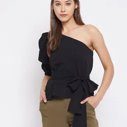 WineRed Black One Shoulder Crepe Cinched Waist Top image 1