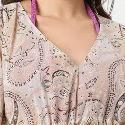 ANWAIND Beige Paisley Printed Medium Coverage V-Neck Cover Up Top image 4