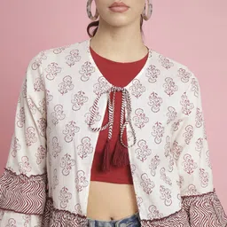 TANDUL Print Tie-Up Neck Bell Sleeve Cotton Crop Top image 2