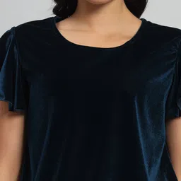 VAARARO Round Neck Flutter Sleeves Gathered Velvet Blouson Top image 3