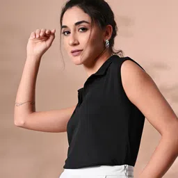 IUGA Women Sleeveless Shirt Collar Ribbed Top image 2