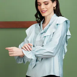 Globus Blue Tie-Up Neck Cuffed Sleeves Top image 3