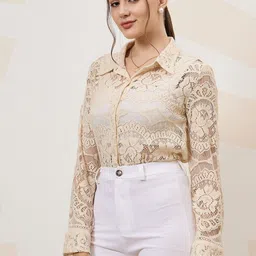 Shally Bhasin by Athena Self Design Cuffed Sleeves Lace Inserts Semi Sheer Shirt Style Top image 3