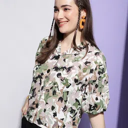 DressBerry Green Abstract Printed Lapel Collar Crepe Shirt Style Top image 3