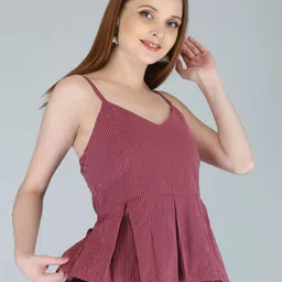Saart Bunaai Maroon Striped Cotton Linen Peplum Top image 3