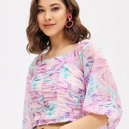 Harpa Abstract Printed Square Neck Smocking Chiffon Fitted Crop Top image 4