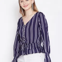 Zastraa Striped V-Neck Tie-Up Bell Sleeves Cinched Waist Top image 4