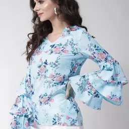 La Zoire Women Blue Floral Print Ruffles Crepe A-Line Top image 4