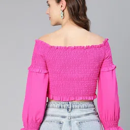 Oxolloxo Bell Sleeves Solid Smocked Crop Bardot Top image 4