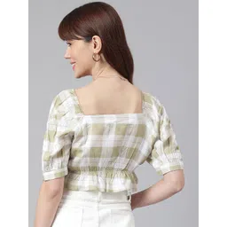 FLAMBOYANT Beige and White Checked Cinched waist Crop Top image 3