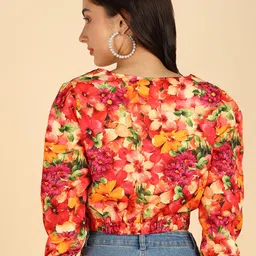 ZNX Clothing Floral Printed Puff Sleeve Front Knot Crop Top image 4