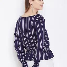 Zastraa Striped V-Neck Tie-Up Bell Sleeves Cinched Waist Top image 5
