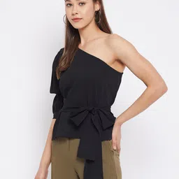 WineRed Black One Shoulder Crepe Cinched Waist Top image 4