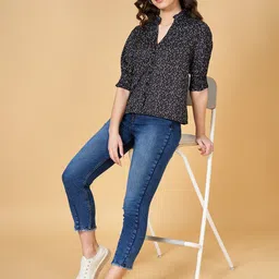 YU by Pantaloons Abstract Printed Mandarin Collar Puff Sleeves Shirt Style Top image 5