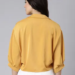 SHOWOFF Satin Shirt Collar Puff Sleeve Waist Tie-Ups Shirt Style Crop Top image 5