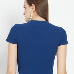 iki chic Blue Ribbed High Neck Cut Out Knitted Fitted Top image 5