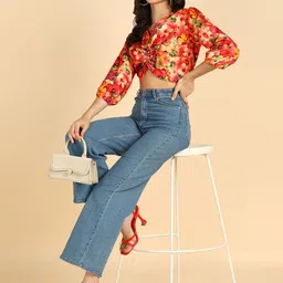 ZNX Clothing Floral Printed Puff Sleeve Front Knot Crop Top image 5