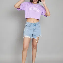 Trend Level Typography Printed Round Neck Drop-Shoulder Sleeves Cotton Crop T-shirt image 3