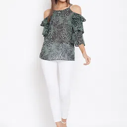 Ruhaans Green & slate gray Animal Print Crepe Top image 4