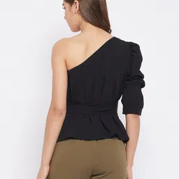 WineRed Black One Shoulder Crepe Cinched Waist Top image 5