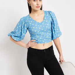 Hypernation Floral Printed Puff Sleeves Fitted Crop Top image 4