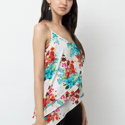 DODO & MOA White & Blue Floral Print Asymmetric Hem Layered Top image 3