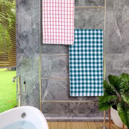 Athom Living Pink & Green 2 Pieces Checked Cotton 150 GSM Bath Towels-picture-24