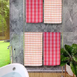 Athom Living Red & Orange 4 Pieces Checked Cotton 150 GSM Bath Towel-image-86