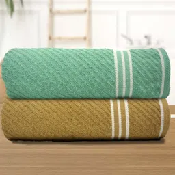 Athom Living Green & Brown 2 Pieces Striped 400 GSM Cotton Bath Towels-image-27