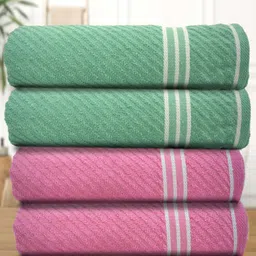 Athom Living Green & Pink 4 Pieces Striped 400 GSM Cotton Bath Towels-image-35