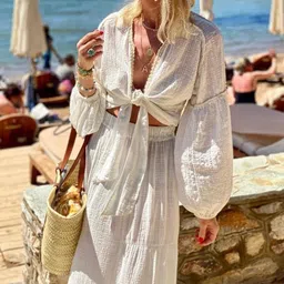 quecy Women's Sexy Deep V-Neck Puff Sleeves Tie-up Top with Long Skirt Loose Two-Piece White Cord-Set Summer Dress image 3