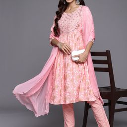 Libas Floral Yoke Design High Slit Mirror Work Kurta with Trousers & With Dupatta-picture-48
