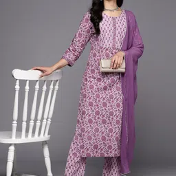Varanga Floral Printed Gotta Patti Pure Cotton Kurta With Trousers & With Dupatta image 3