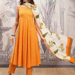 Vishudh Orange & Cream Embroidered Mirror Work Pure Cotton Kurta with Trousers & Dupatta image 4